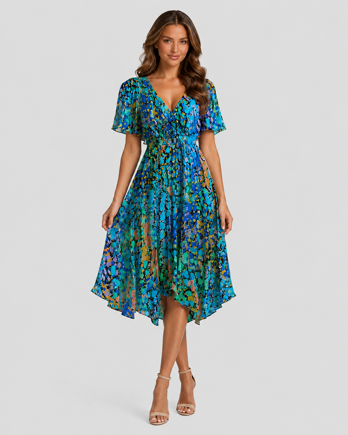 Woman wearing a blue floral dress on a gray background