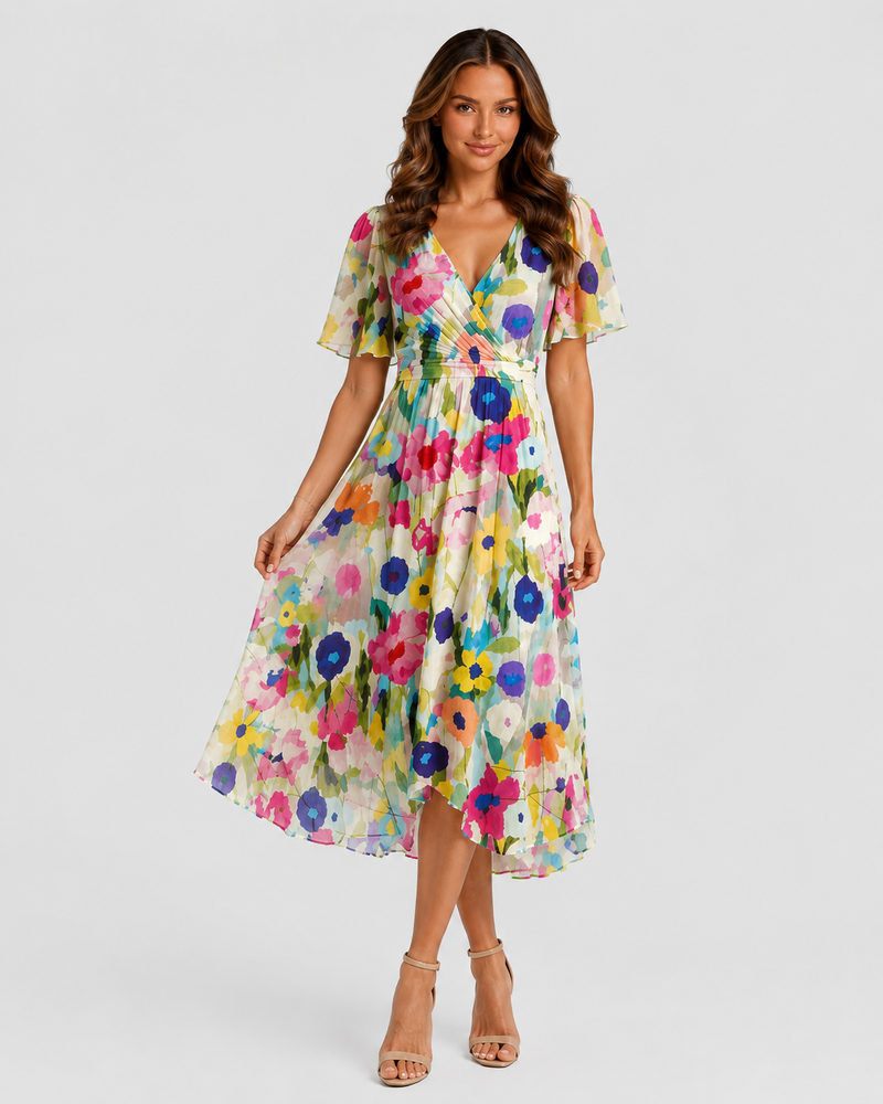 Woman wearing a colorful floral dress on a white background