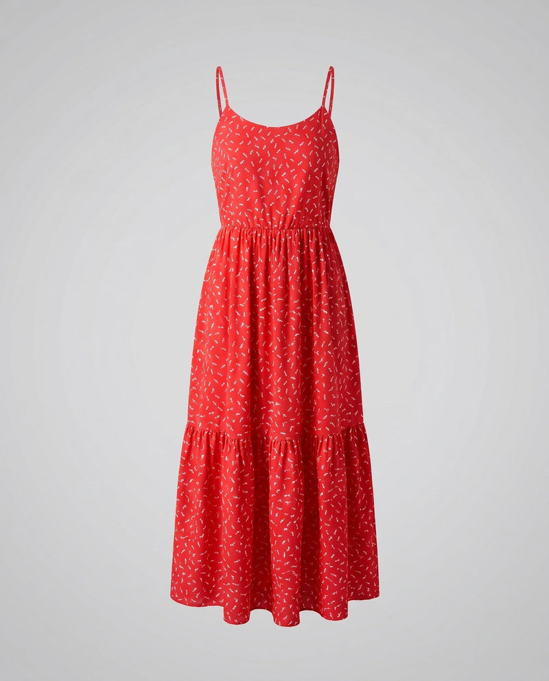 Red dress with a subtle pattern on a gray background