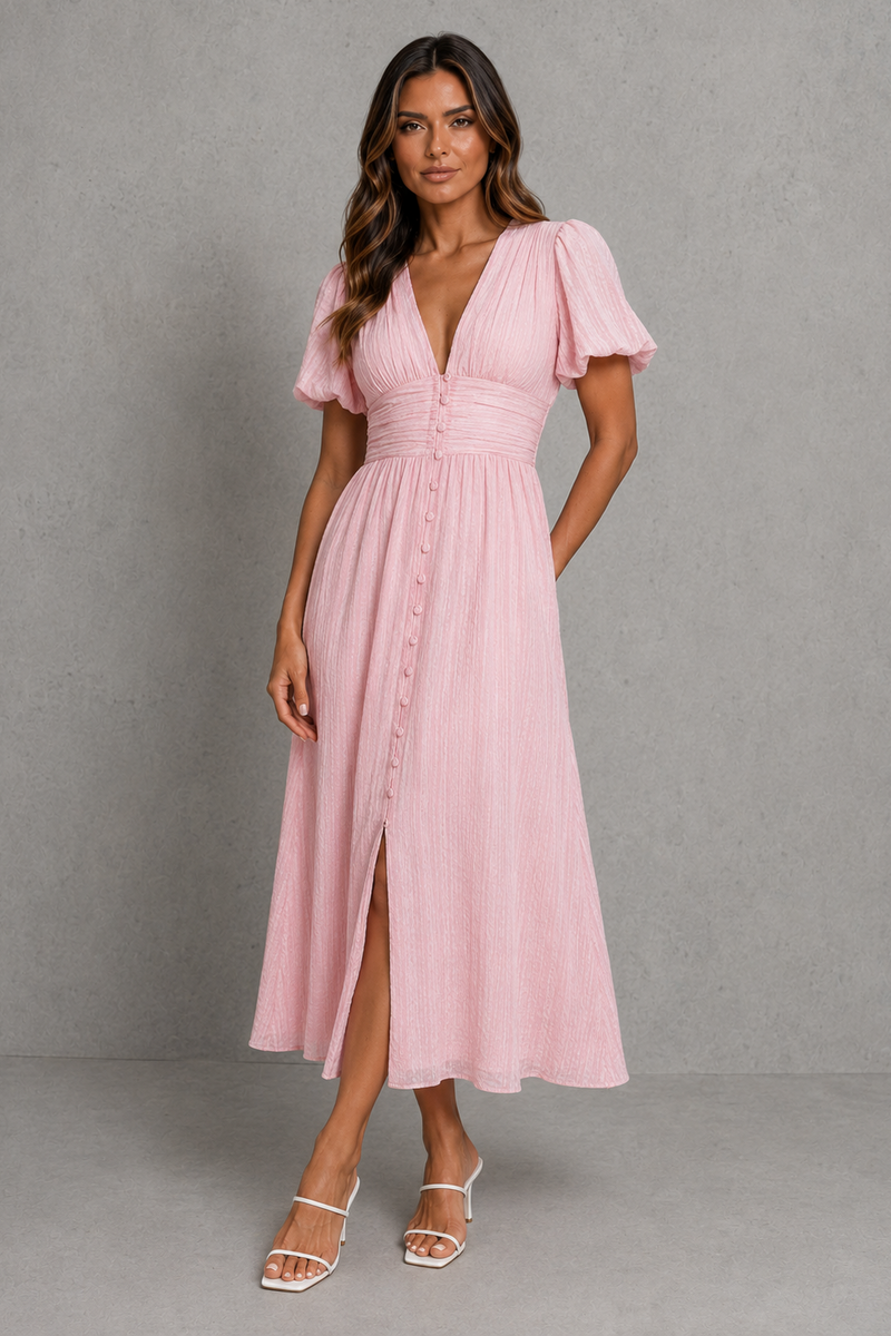 A woman modeling a light pink midi dress with puff sleeves, a deep V-neckline, a gathered waist, and a button-down front, set against a textured gray studio background.