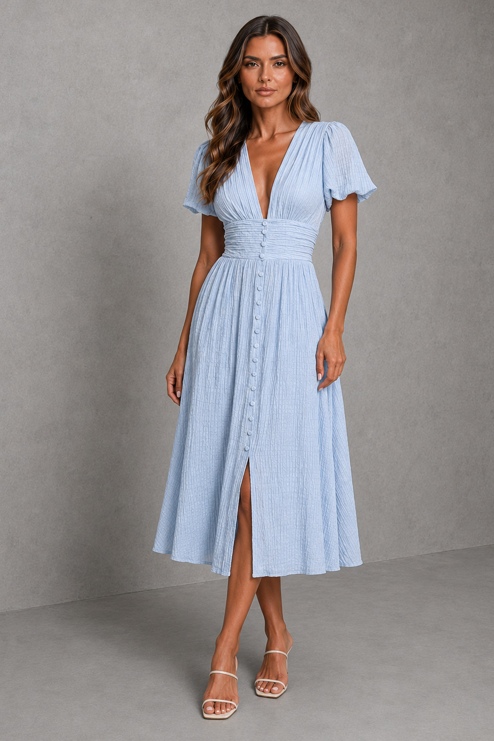 A woman modeling a light blue midi dress with a smocked bodice, short puff sleeves, a deep V-neckline, and a button-down front, set against a textured gray studio backdrop.