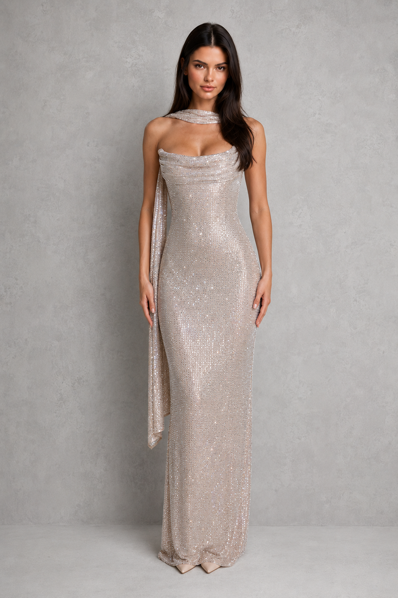 Woman wearing a silver strapless gown with a draped effect against a gray background