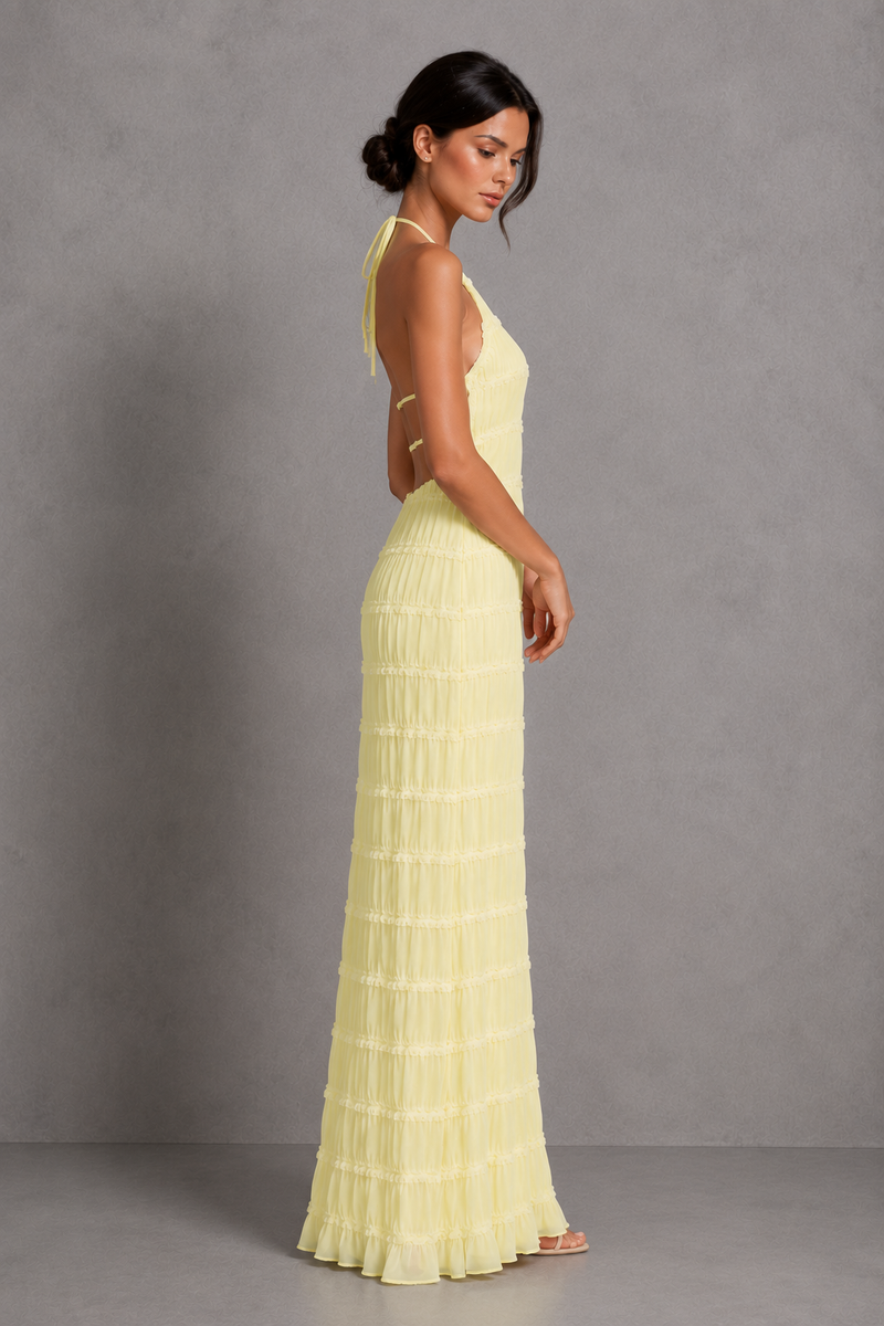 Women’s Ruched Smocked Maxi Dress with Tie Detail for Wedding, Casual & Occasion Wear