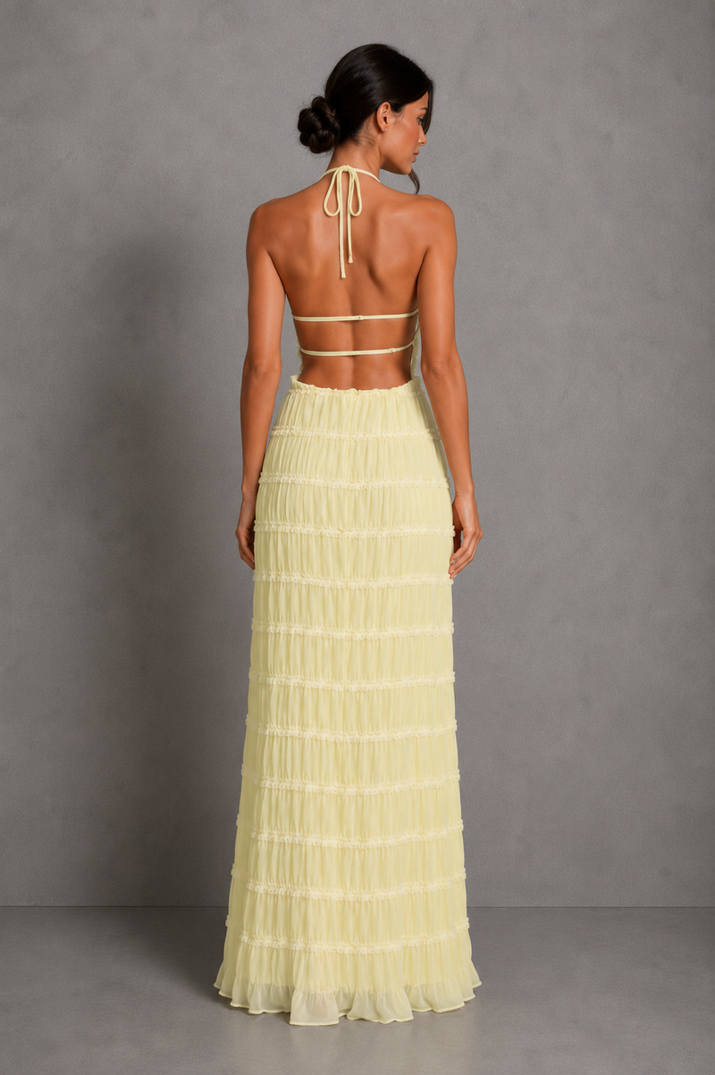 Women’s Ruched Smocked Maxi Dress with Tie Detail for Wedding, Casual & Occasion Wear