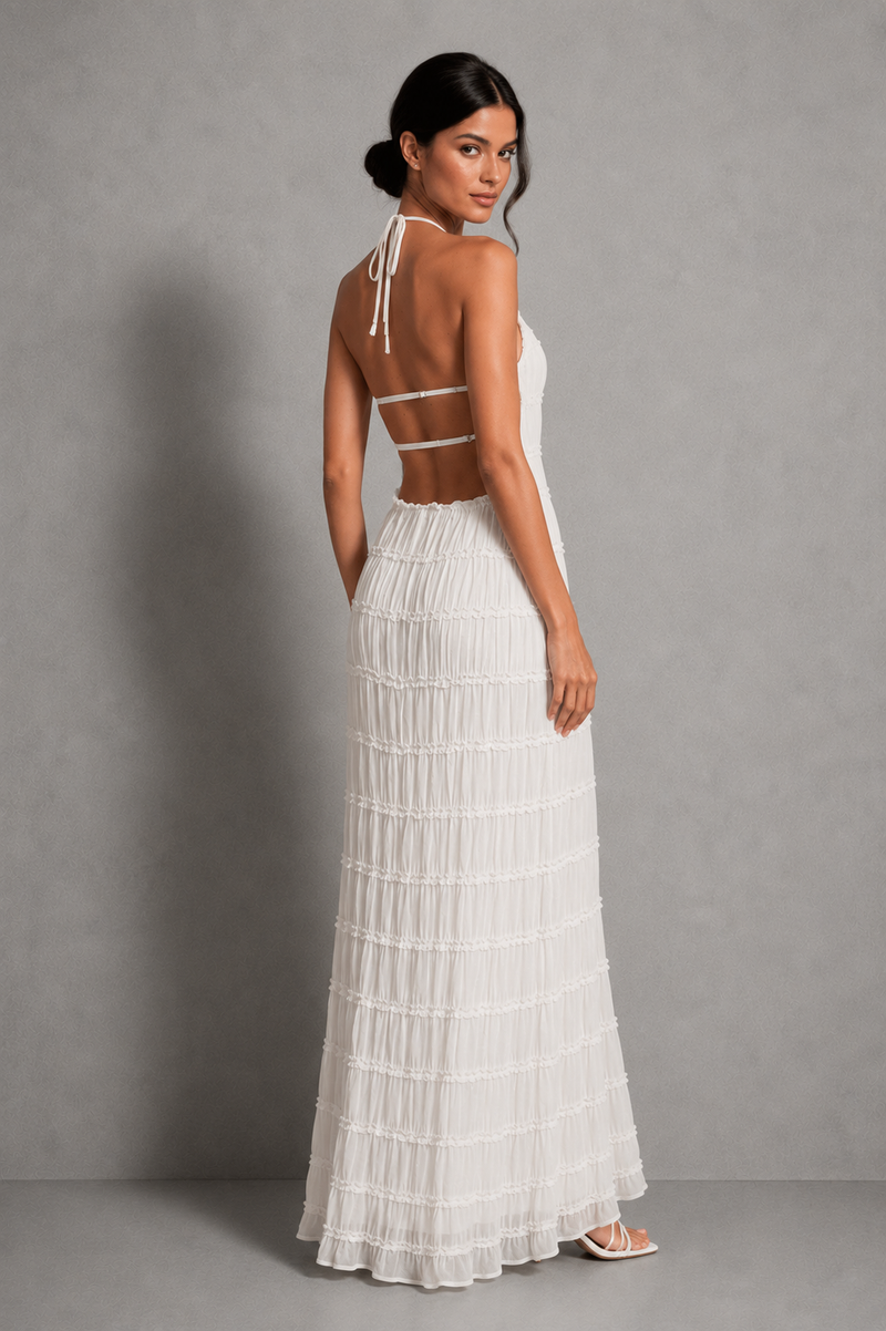Women’s Ruched Smocked Maxi Dress with Tie Detail for Wedding, Casual & Occasion Wear