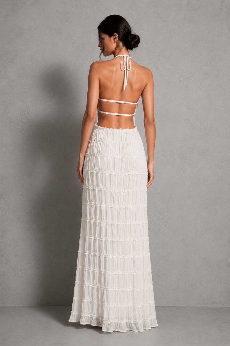 Women’s Ruched Smocked Maxi Dress with Tie Detail for Wedding, Casual & Occasion Wear