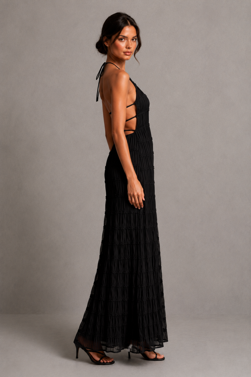 Women’s Ruched Smocked Maxi Dress with Tie Detail for Wedding, Casual & Occasion Wear