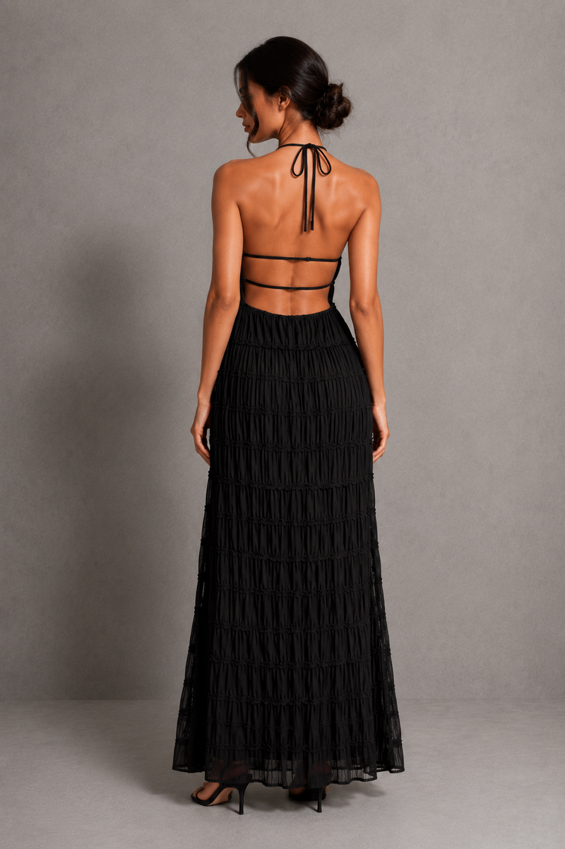 Women’s Ruched Smocked Maxi Dress with Tie Detail for Wedding, Casual & Occasion Wear