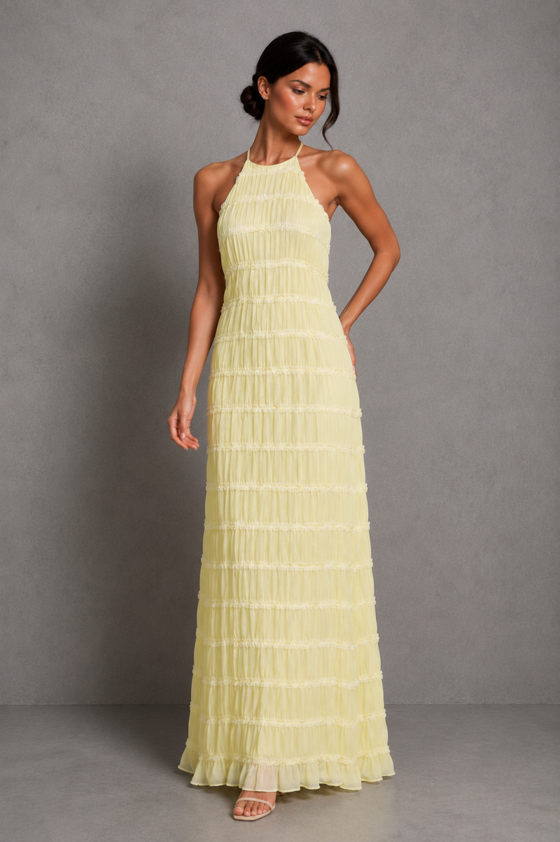 Women’s Ruched Smocked Maxi Dress with Tie Detail for Wedding, Casual & Occasion Wear
