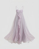 Lavender strapless gown with a flowing skirt on a light gray background