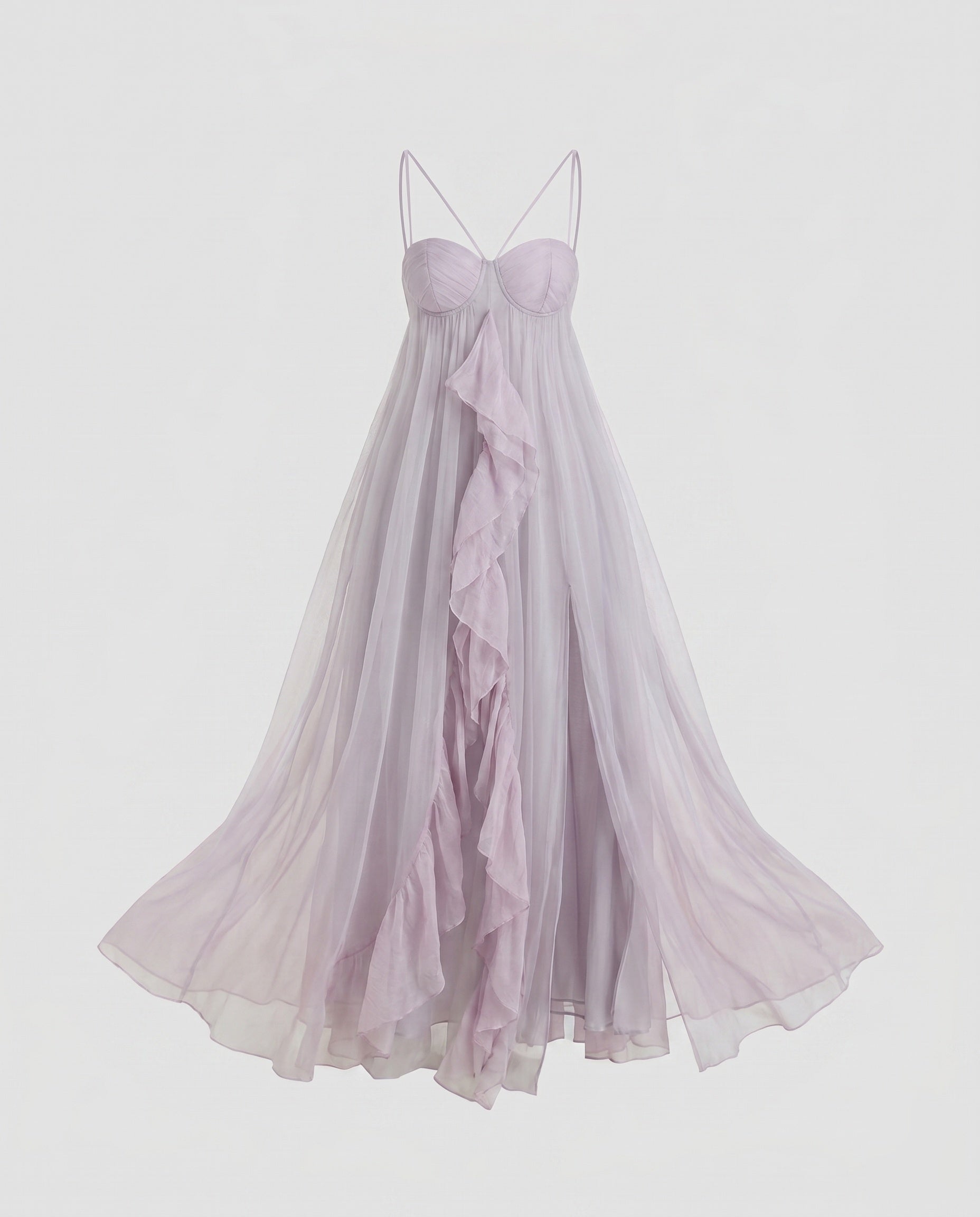 Lavender strapless gown with a flowing skirt on a light gray background