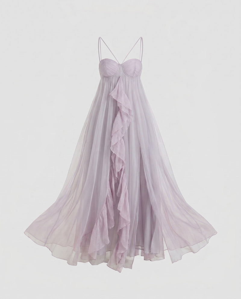 Lavender strapless gown with a flowing skirt on a light gray background