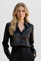 Women’s satin blend long sleeve blouse with relaxed fit and classic collar