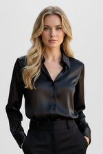 Women’s satin blend long sleeve blouse with relaxed fit and classic collar