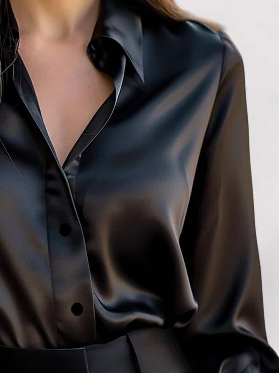 Women’s satin blend long sleeve blouse with relaxed fit and classic collar