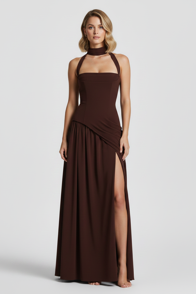 Woman wearing a brown evening gown with a slit on a white background