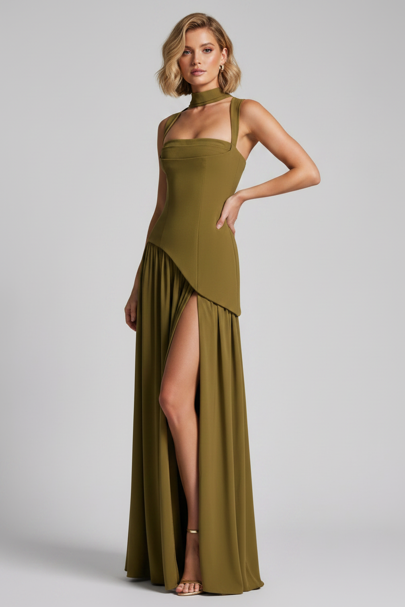 Woman wearing a green evening gown with a slit on a gray background