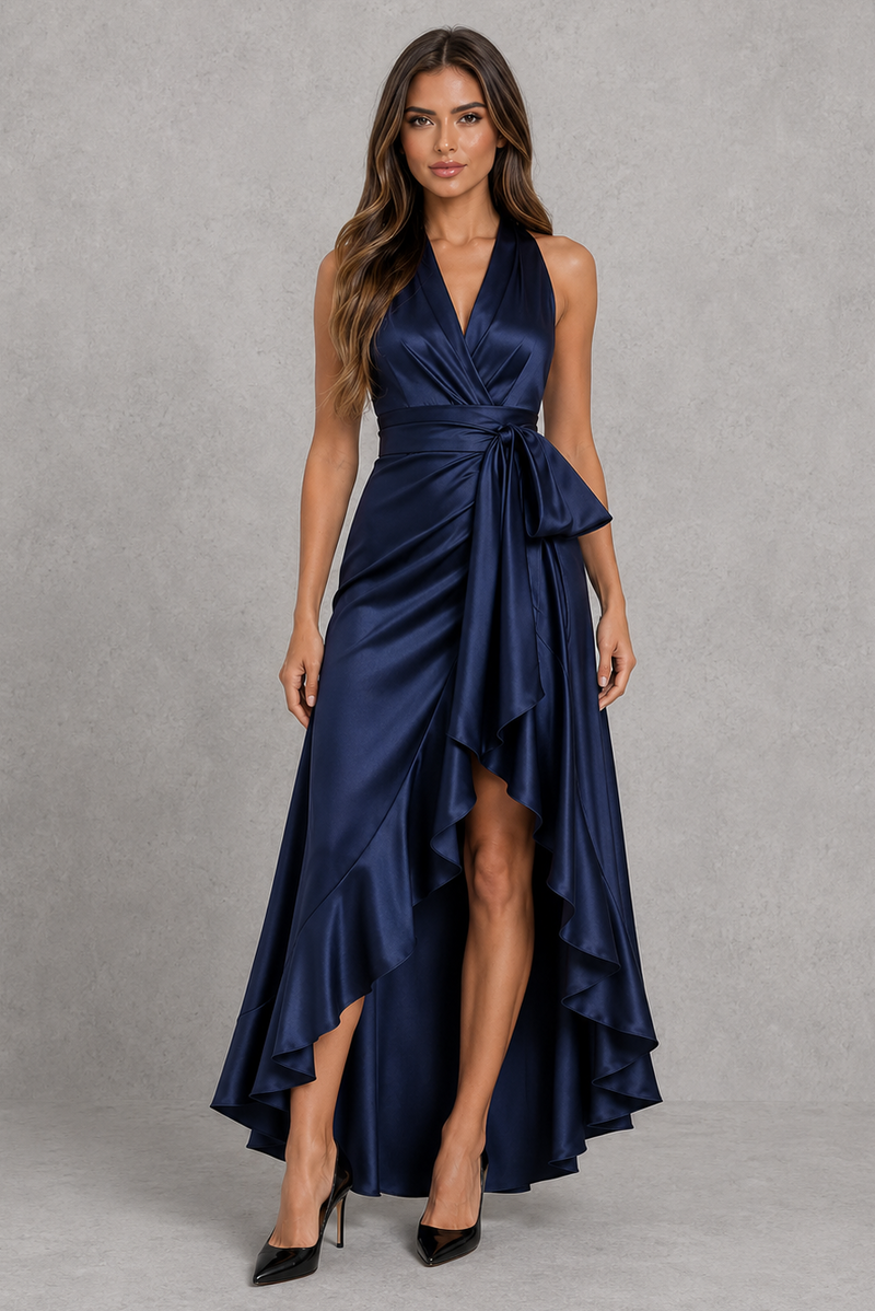 Women’s Satin Halter Maxi Dress with Ruffle Hem for Evening & Formal Wear