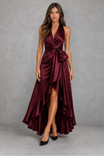 Women’s Satin Halter Maxi Dress with Ruffle Hem for Evening & Formal Wear