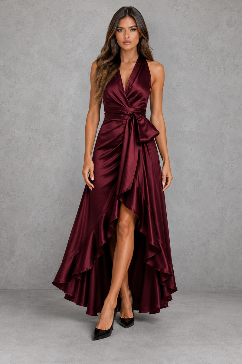 Women’s Satin Halter Maxi Dress with Ruffle Hem for Evening & Formal Wear