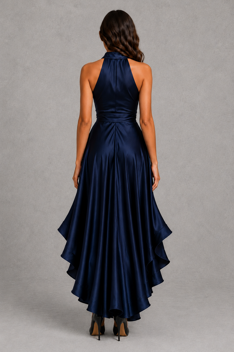 Women’s Satin Halter Maxi Dress with Ruffle Hem for Evening & Formal Wear