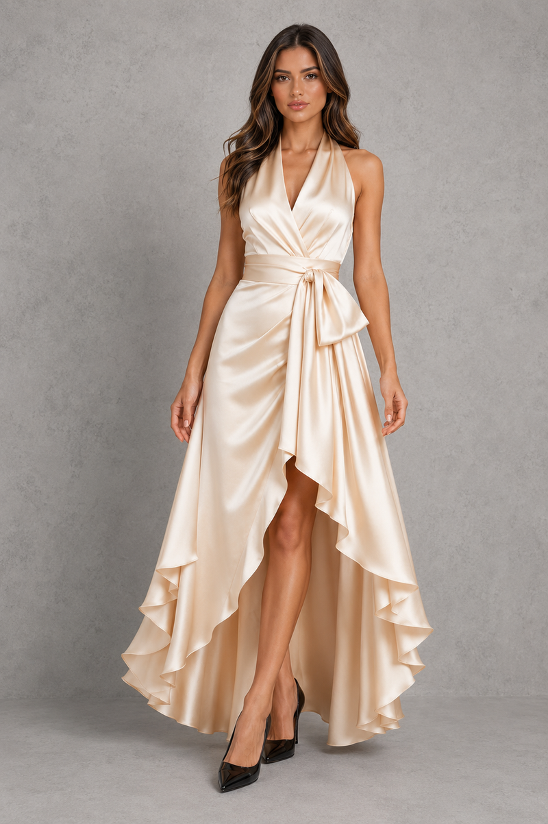 Women’s Satin Halter Maxi Dress with Ruffle Hem for Evening & Formal Wear