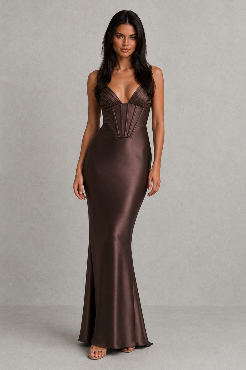 Woman wearing a brown evening gown against a gray background