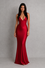 Woman wearing a red evening gown against a gray background