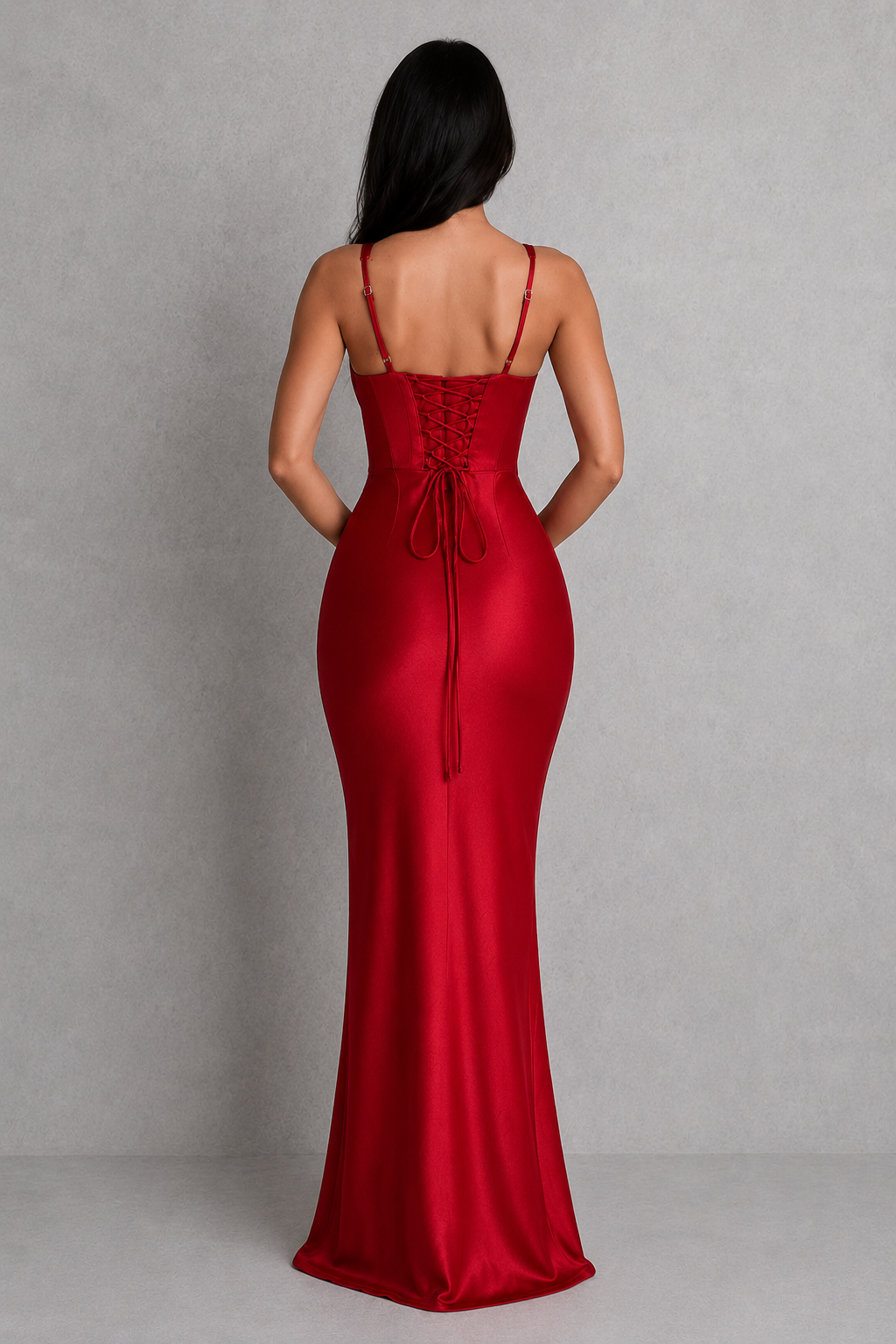 Red evening gown on a plain background