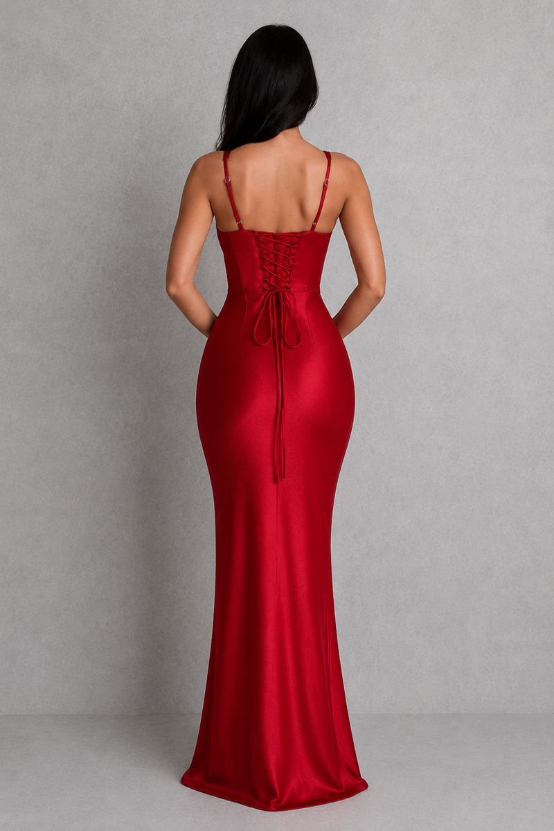 Red evening gown on a plain background