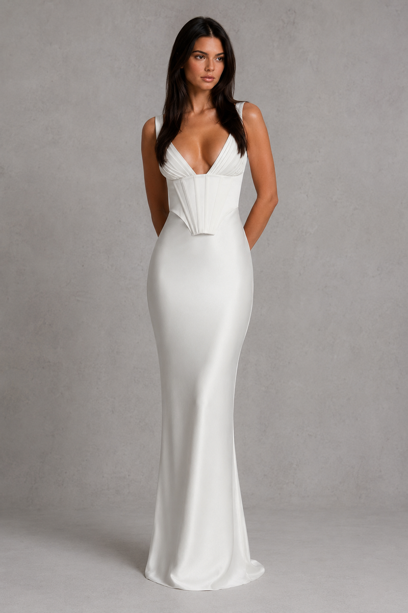 Woman wearing a white evening gown against a gray background