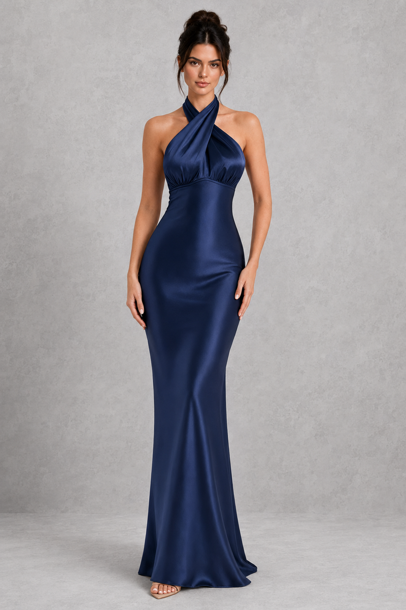 Woman wearing a blue satin gown against a gray background