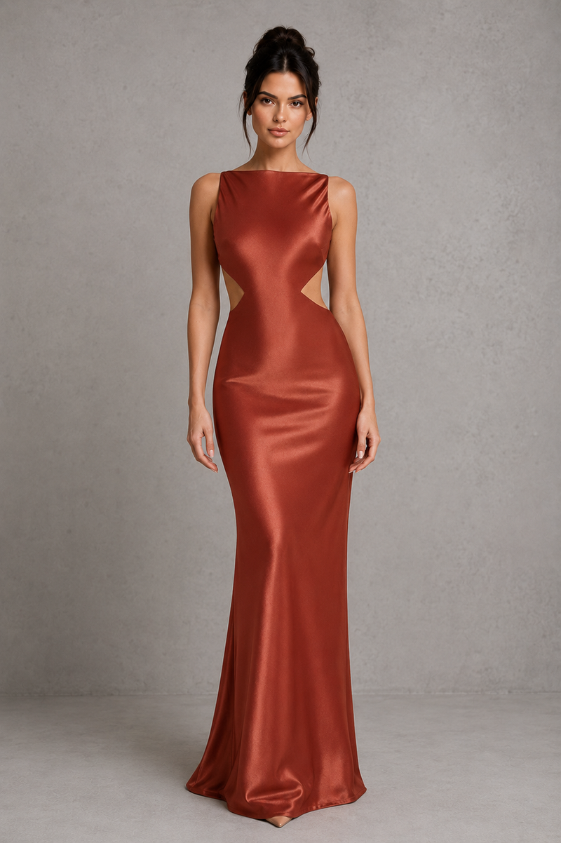 Woman wearing a rust-colored satin gown against a gray background