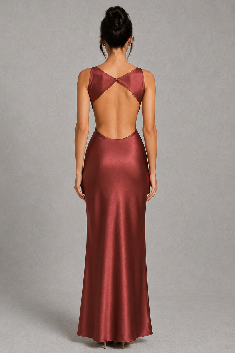 Women’s Satin Maxi Dress with Open Back Detail for Evening & Formal Wear
