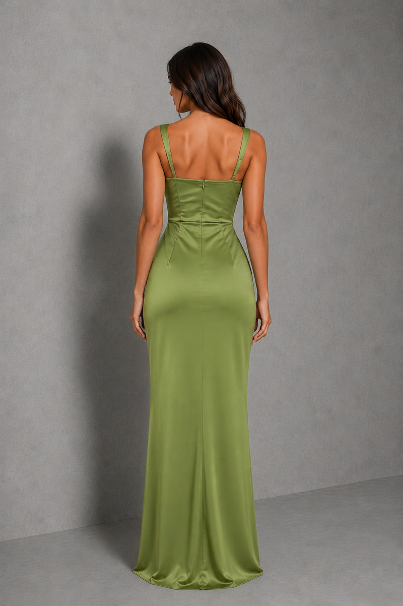 Women’s Satin Maxi Dress with Square Neck & Ruched Waist for Wedding & Evening Wear