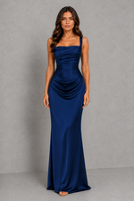 Women’s Satin Maxi Dress with Square Neck & Ruched Waist for Wedding & Evening Wear