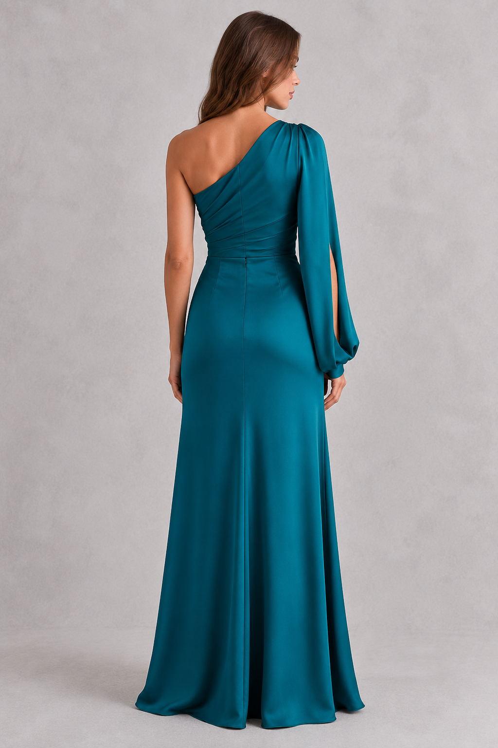 Teal one-shoulder dress on a model against a gray background