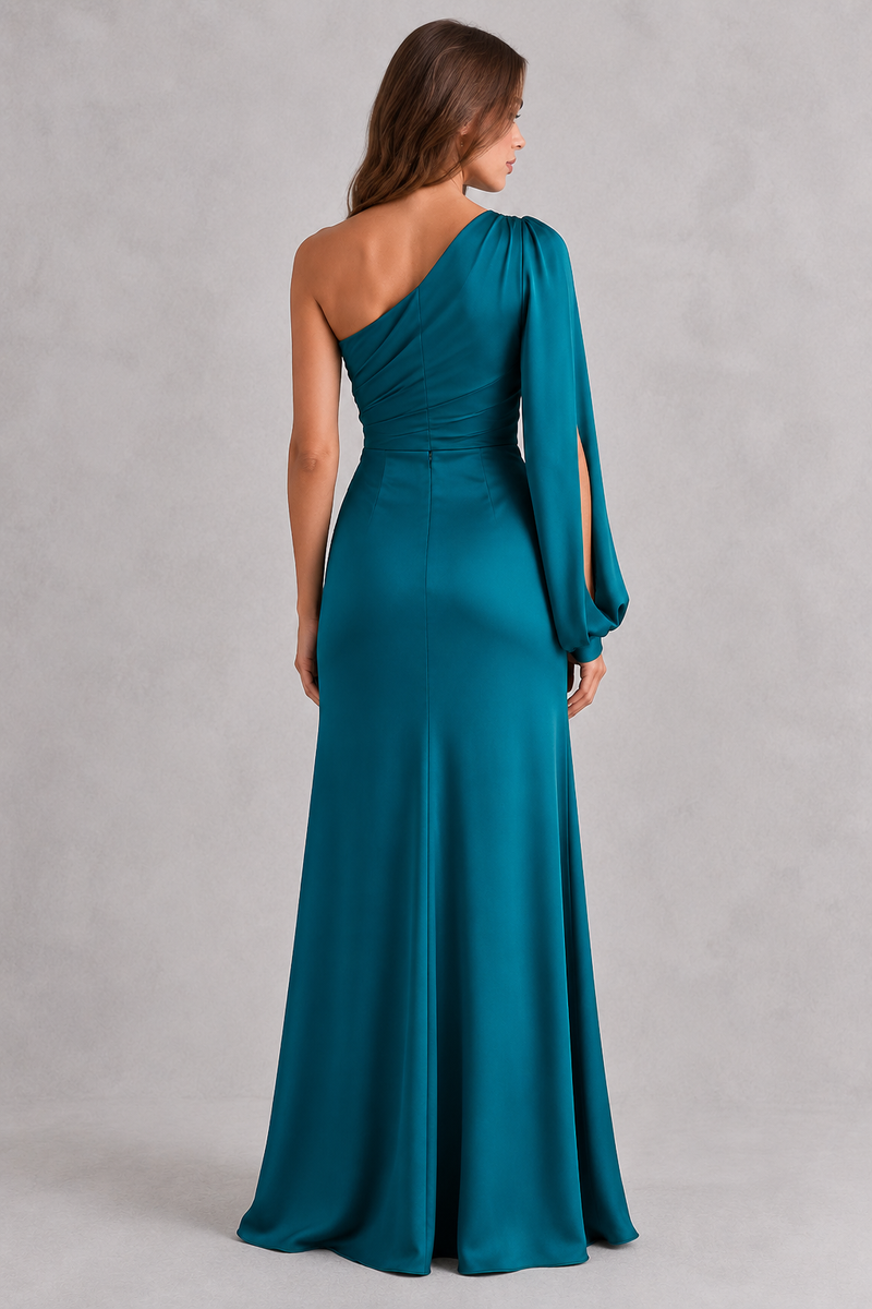 Teal one-shoulder dress on a model against a gray background