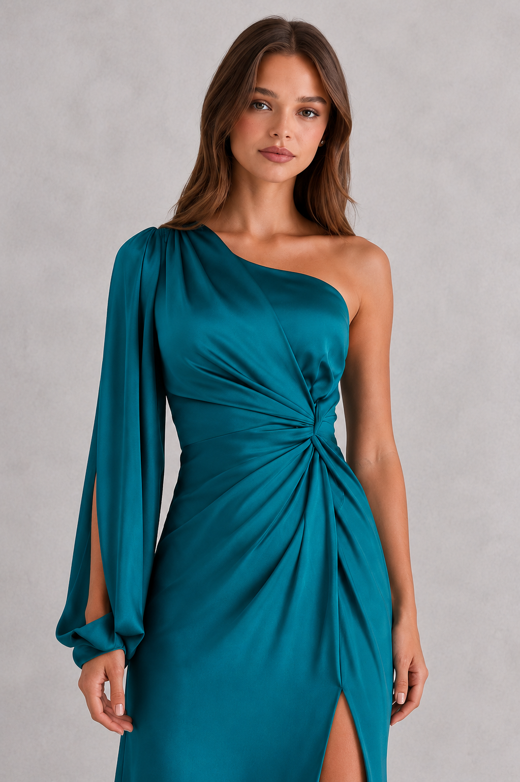 Woman wearing a teal one-shoulder dress against a gray background