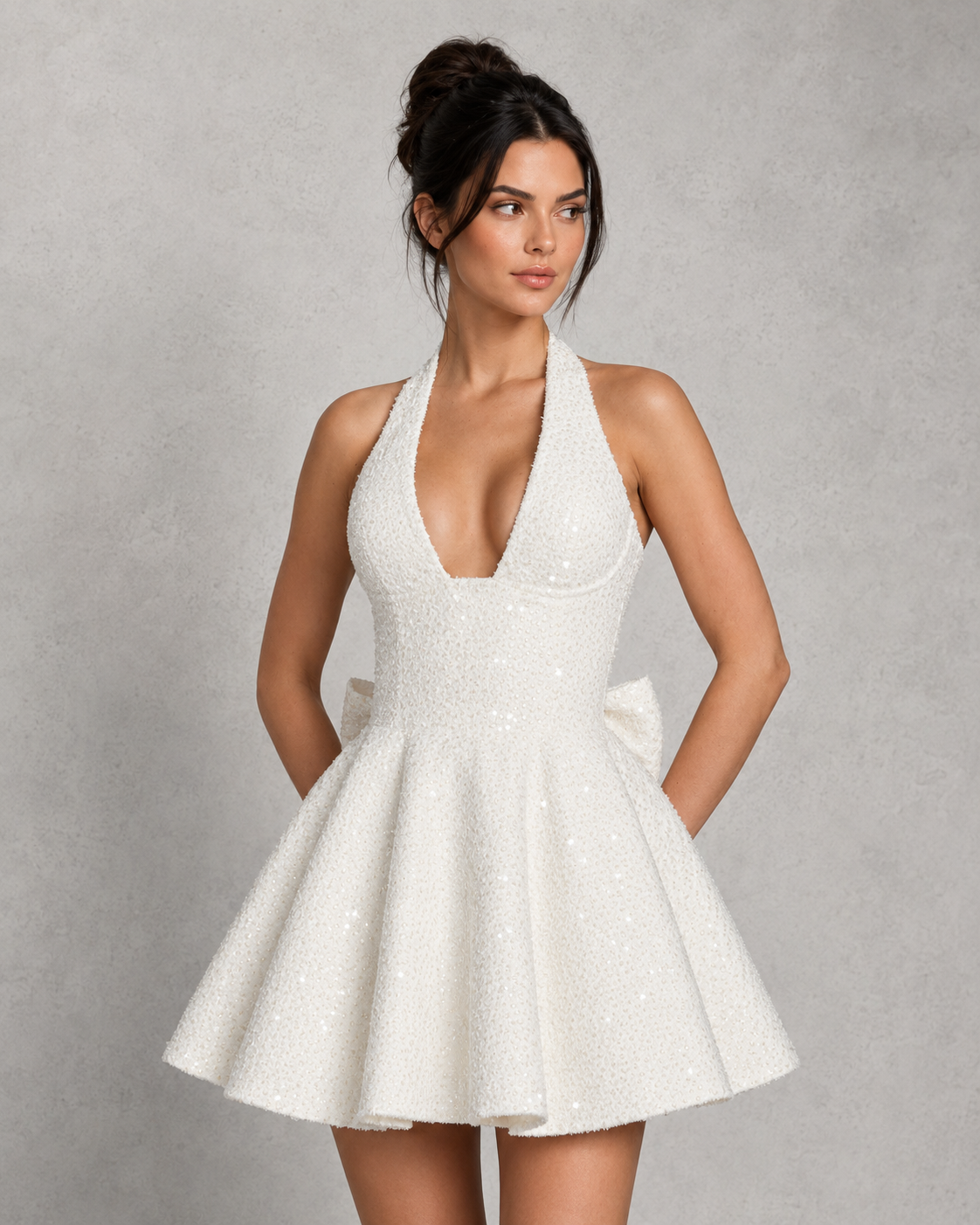 Woman wearing a white dress against a gray background