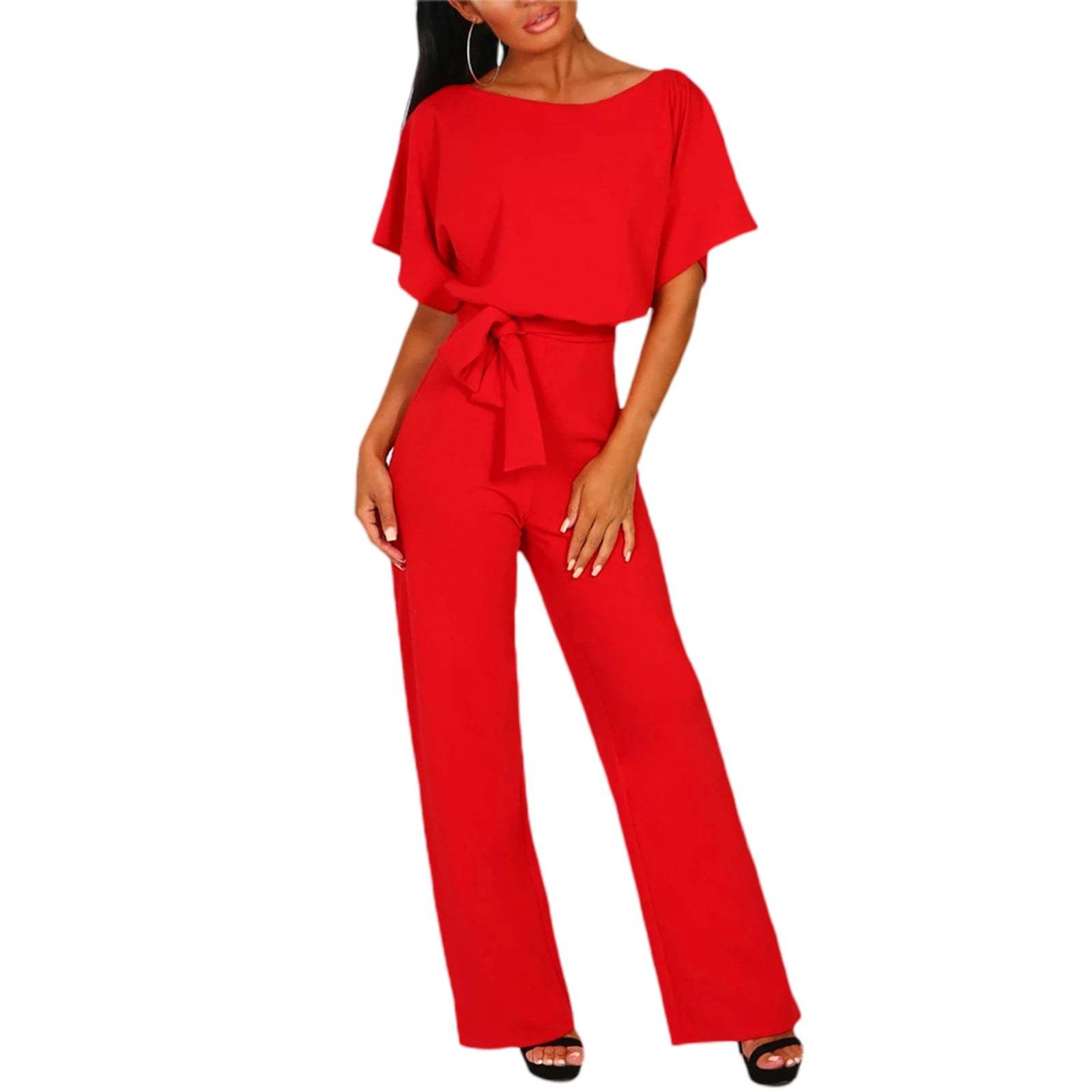 Red jumpsuit worn by a model on a white background