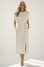 Woman wearing a white dress with button details on a plain background