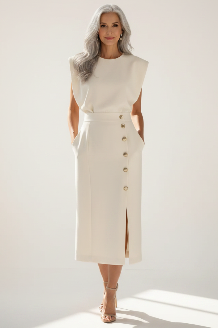 Woman wearing a white dress with button details on a plain background