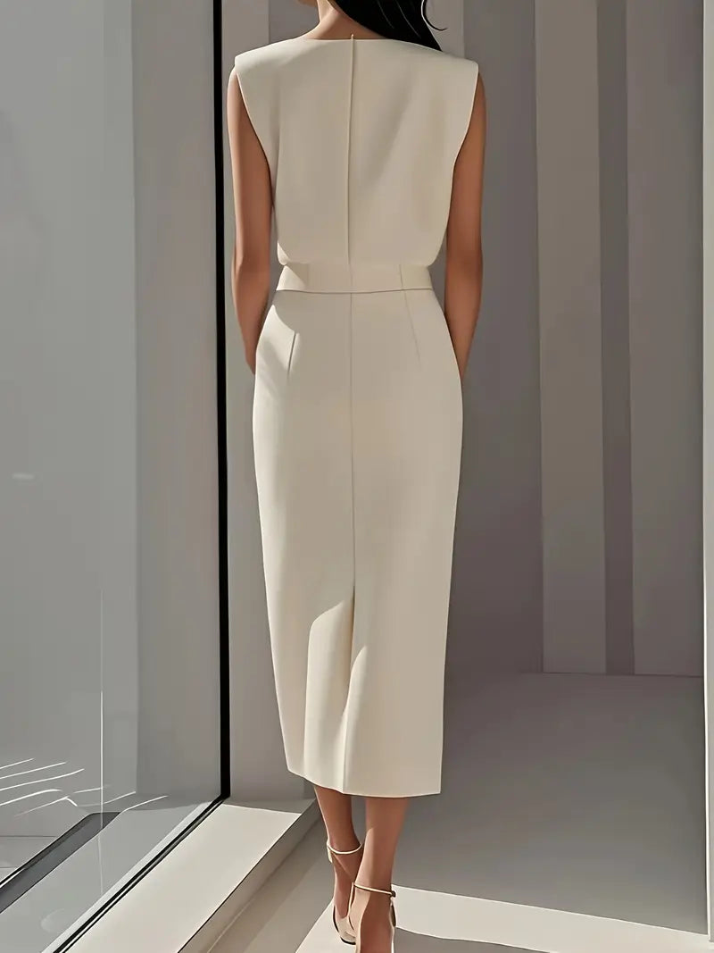 Woman wearing a white dress standing in a minimalistic room with a large window.