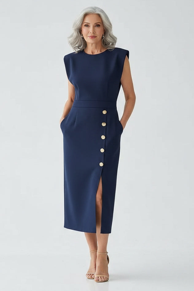 Woman wearing a blue dress with buttons standing in a modern interior setting.