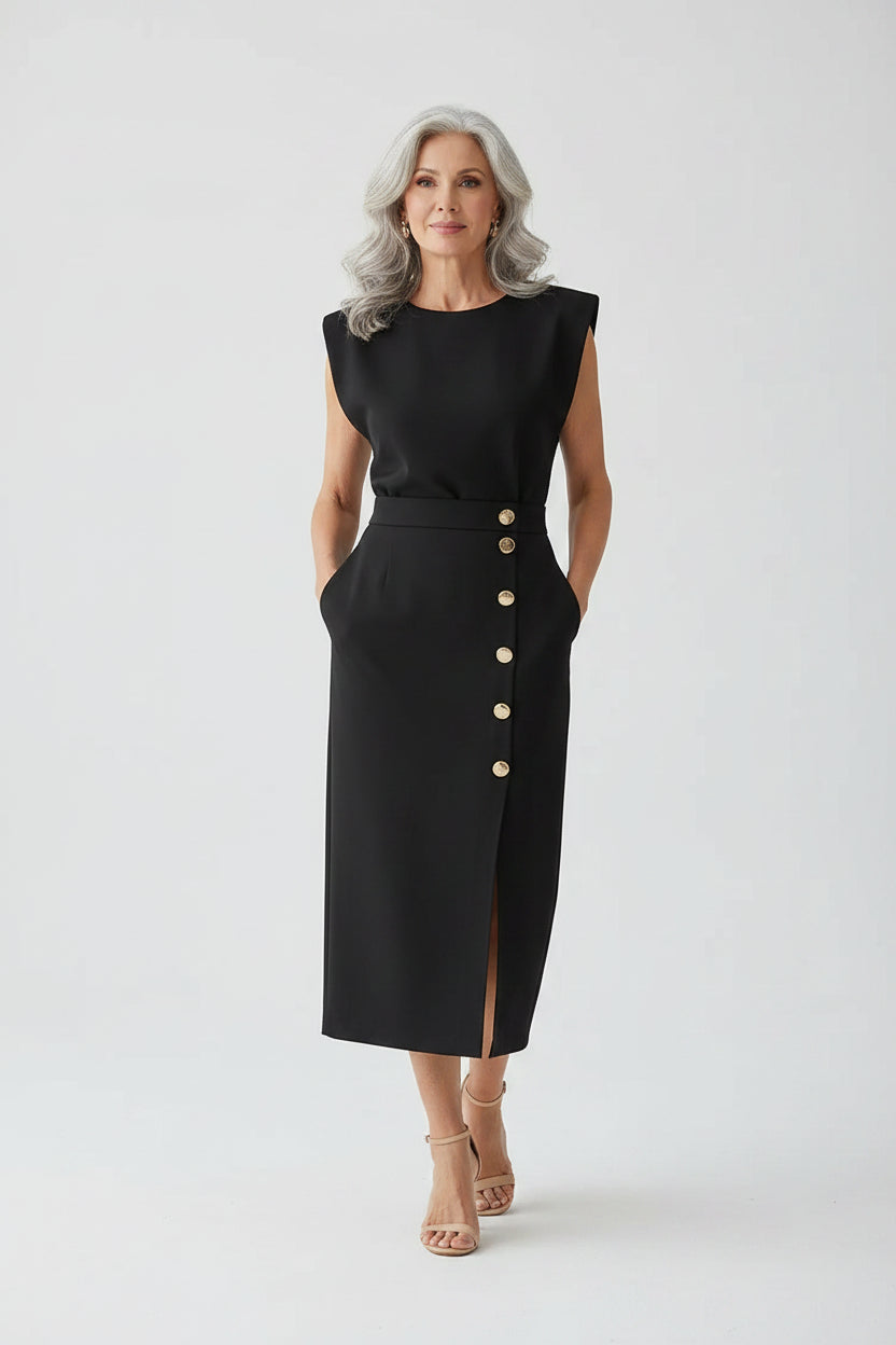 Woman wearing a black dress with buttons standing in a modern interior setting.