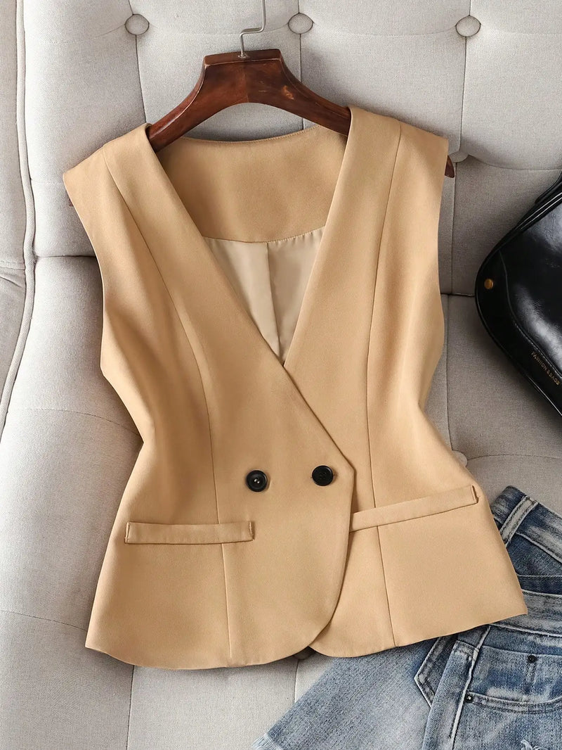 Beige blazer on a hanger with jeans and a black bag in the background