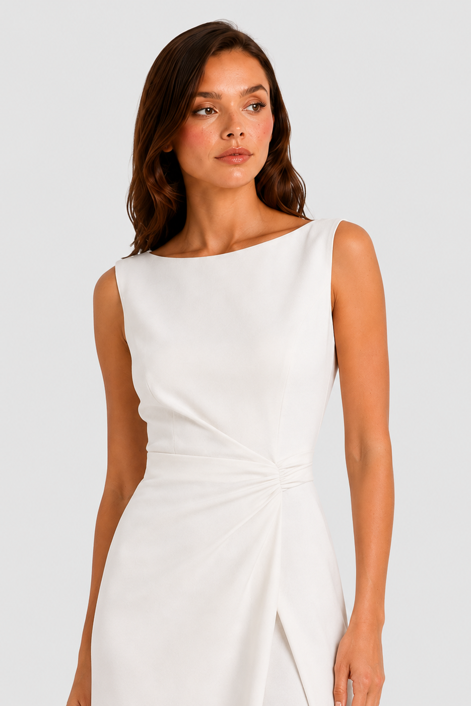 Women’s sleeveless maxi dress with boat neckline, draped waist detail, and wrap-style front panel
