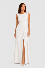 Women’s sleeveless maxi dress with boat neckline, draped waist detail, and wrap-style front panel