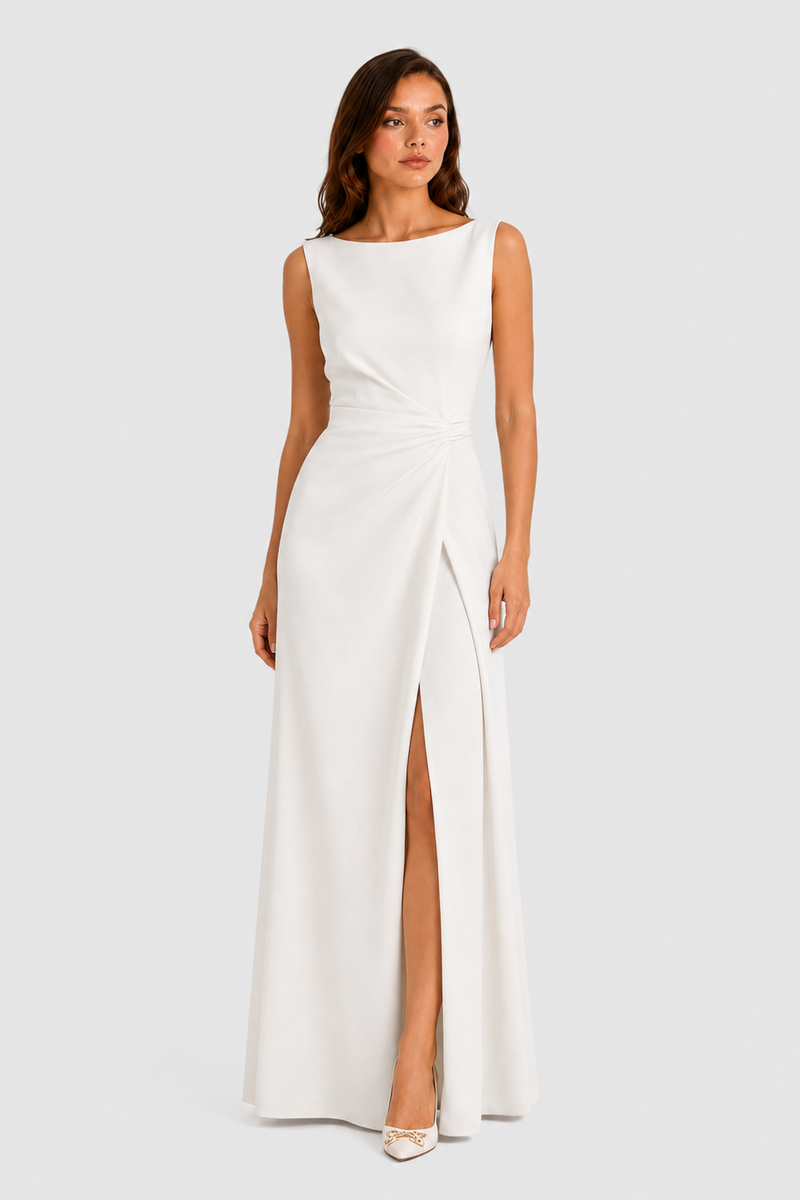 Women’s sleeveless maxi dress with boat neckline, draped waist detail, and wrap-style front panel